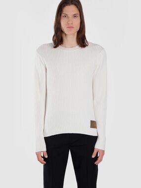 Helmut Lang Cream Ribbed Crewneck Sweater